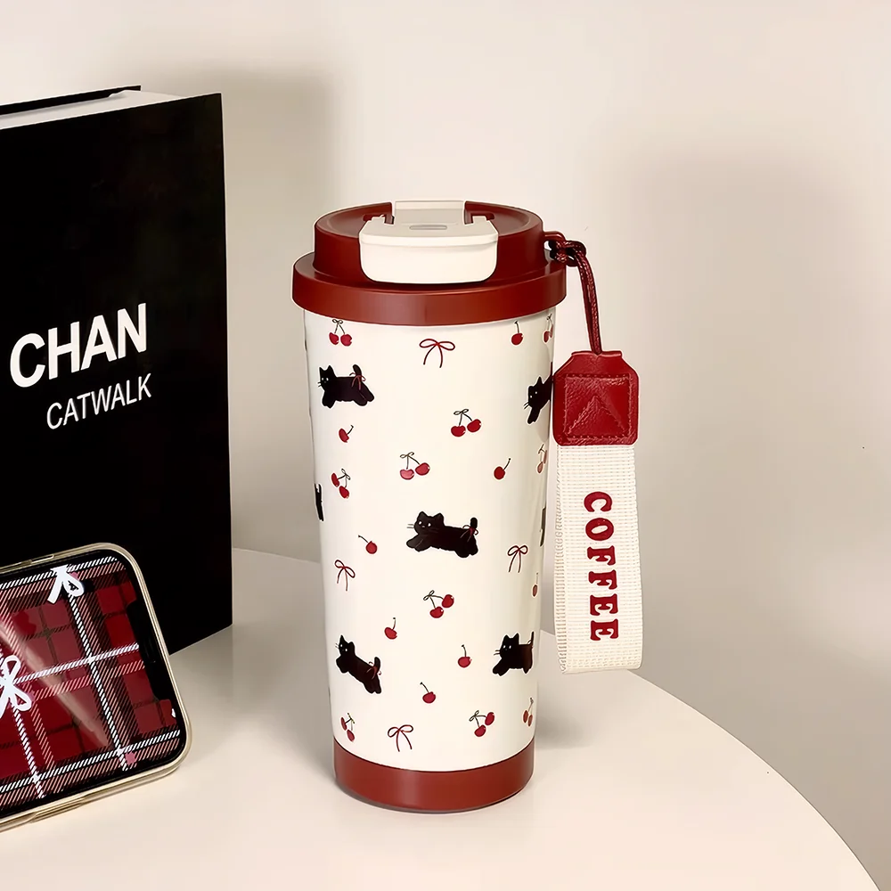 

Cute Cherry Cat Tumbler 500ml Kawaii Water Bottle Stainless Steel Thermal Cup With Straw Portable Coffee Thermos For Tea Gift