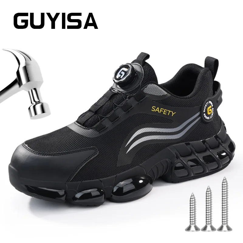 GUYISA Men's Ultra-thin Leather Fabric Four-season Black Low-top Safety Shoes