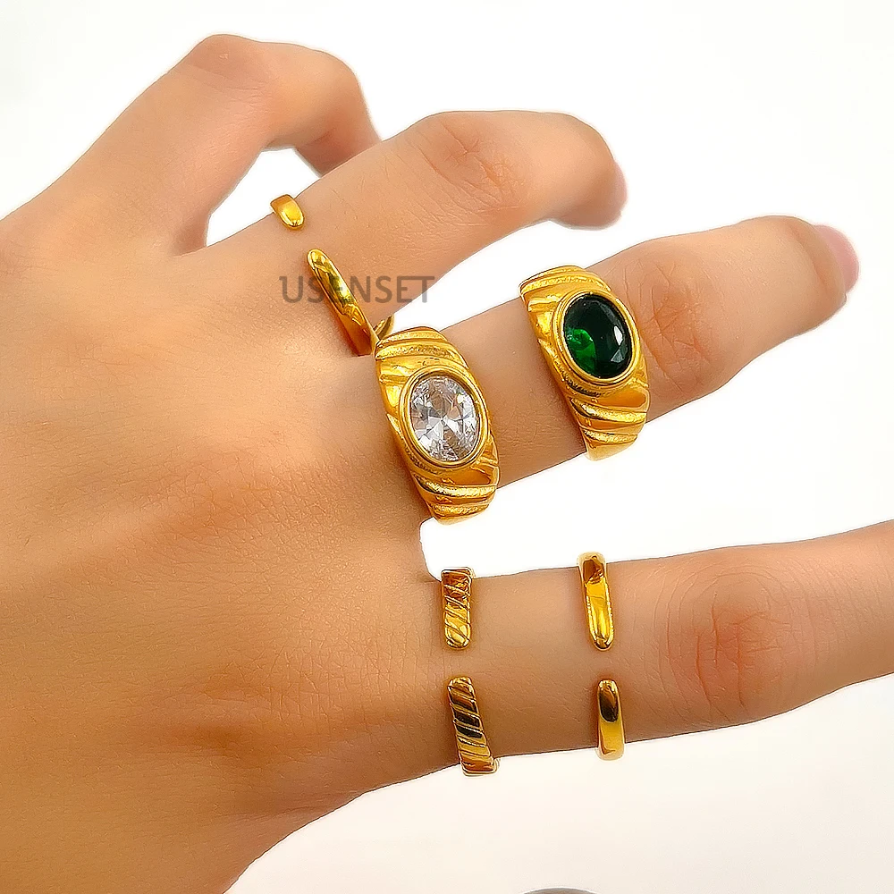 USENSET 3 Styles Chunky Ring Stainless Steel Emerald Cut Green White Color Gem Zircon Adjusted Finger Jewelry Women Men