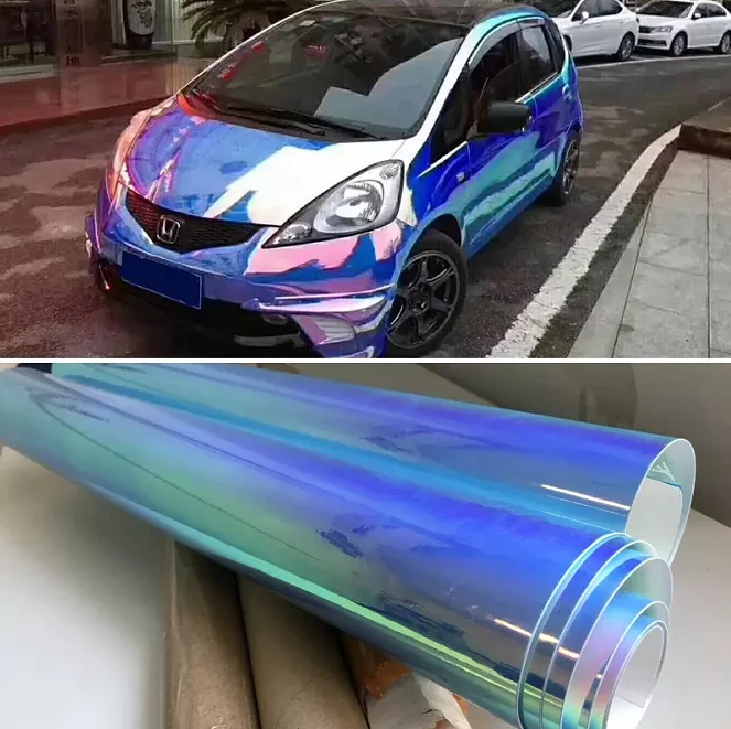 1.52*18m/roll Self Adhesive Glossy Holographic Rainbow Mirror Chameleon Chrome Car Vinyl Wrap Sticker