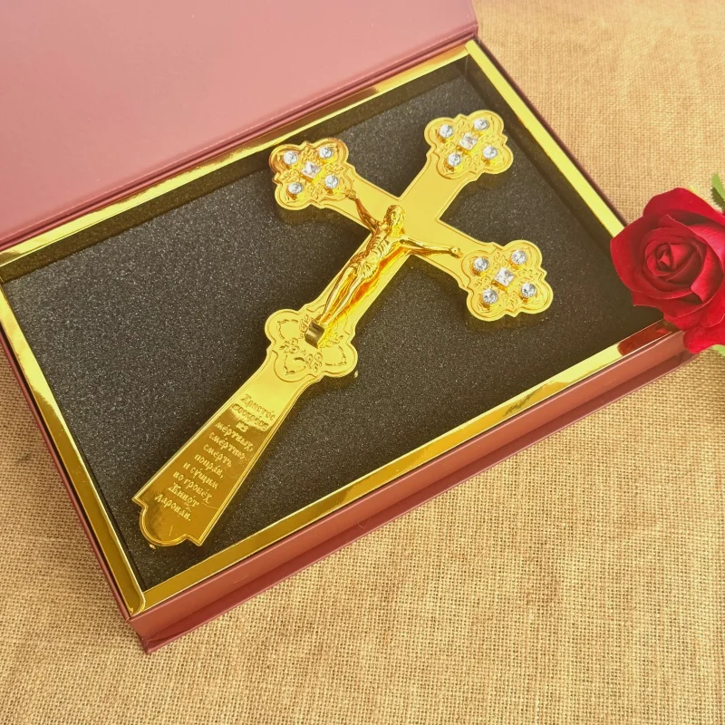 

Vintage Byzantine Orthodox Cross Gold Silver Plated Jesus Christ Crucifix Metal Religious Wall Decor Altar Church Supplies Gift