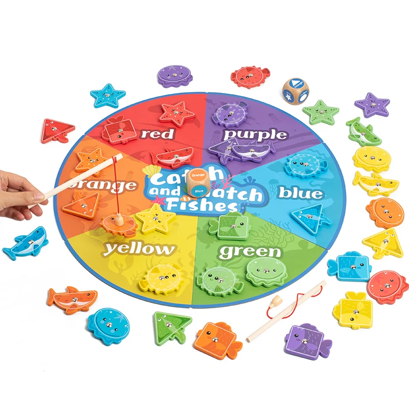 Jeu de Cognition Montessori pour enfants, jouet d'apprentissage, éducatif précoce, tri des formes de couleurs, jouets en bois pour enfants, jouet de pêche