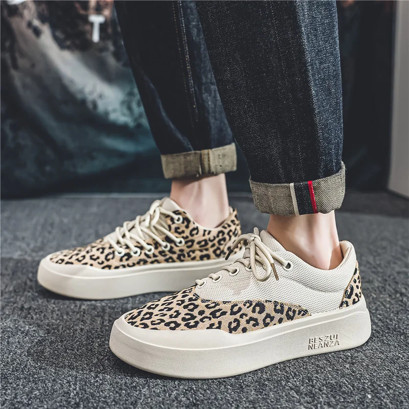 Fashion Trendy Leopard Platform Sneakers Men Chunky Canvas Shoes Men\'s Casual Sneaker Breathable Designer Skateboard Shoes Man