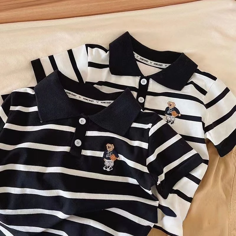 Summer Kids Clothes Cotton 2023 New Boys Handsome Fashion Casual Lapel Striped Cartoon Pattern Printed Short Sleeve Polo Shirt