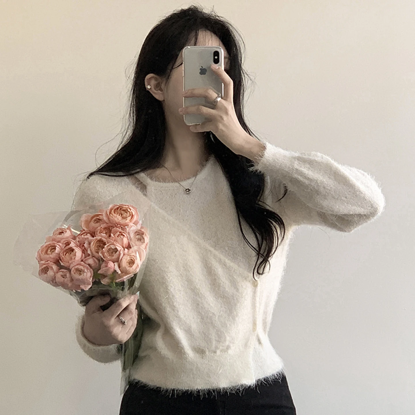 

Women's Chic Lazy Sle Knitwear Fake Two-Piece Design Two Buttons Slit Side Slant Lapel Mink Velvet Top Korean Faion