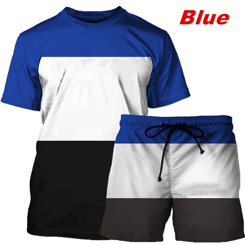 New Fashion Men's Bodybuilding Striped 2 Piece Set Tracksuits Summer Casual Cool Cotton Short Sleeve T-shirt Shorts Sport Short