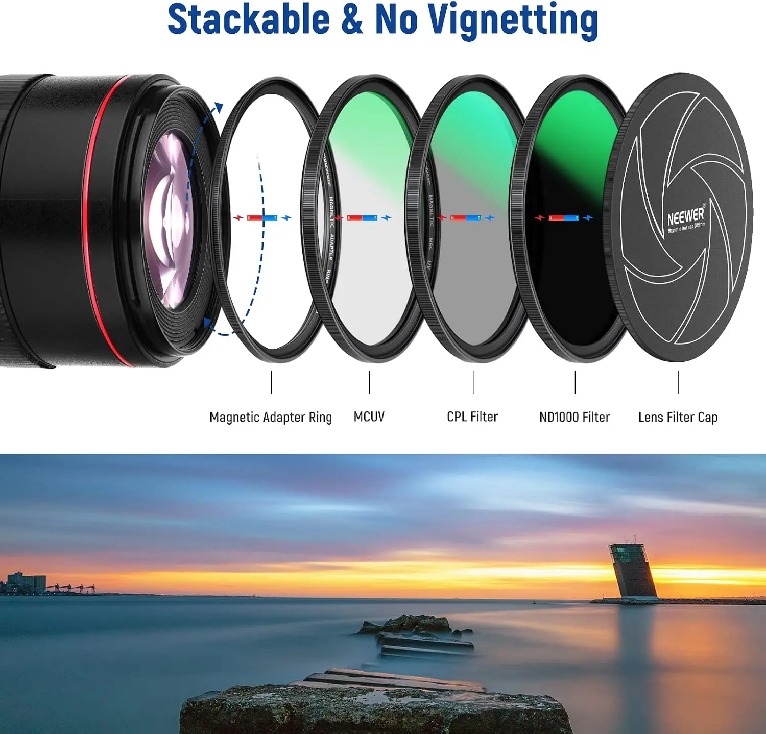 NEEWER Magnet-Linsenfilter-Set, ND1000-, MCUV- und CPL-Filter mit neutraler Dichte, Adapterring, Filterkappe mit 42-lagiger Mehrfachbeschichtung – Detail 1