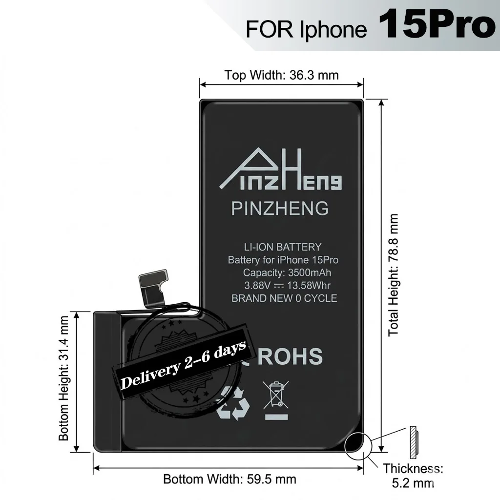 Image of PINZHENG Hochleistungs-Ersatzakku für iPhone 15 Pro – Zuverlässige interne Energielieferung mit stabiler Leistung