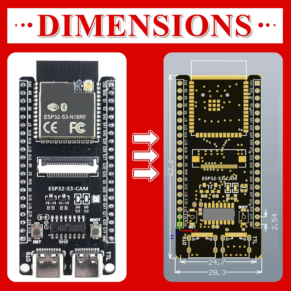 ESP32 S3 Entwicklungsboard mit IPEX 2,4G WLAN-Modul für Kameramodul OV2640 8 MB PSRAM 16 MB FLASH ESP32 S3 N16R8 CAM Typ-C