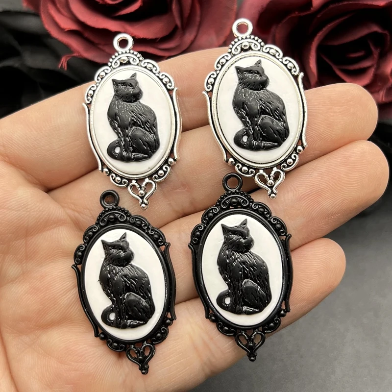 Dijes de camafeo de gato negro gótico Vintage, colgante de bruja de Halloween, 4 piezas, 42x24mm, apto para la fabricación de joyas, accesorios de