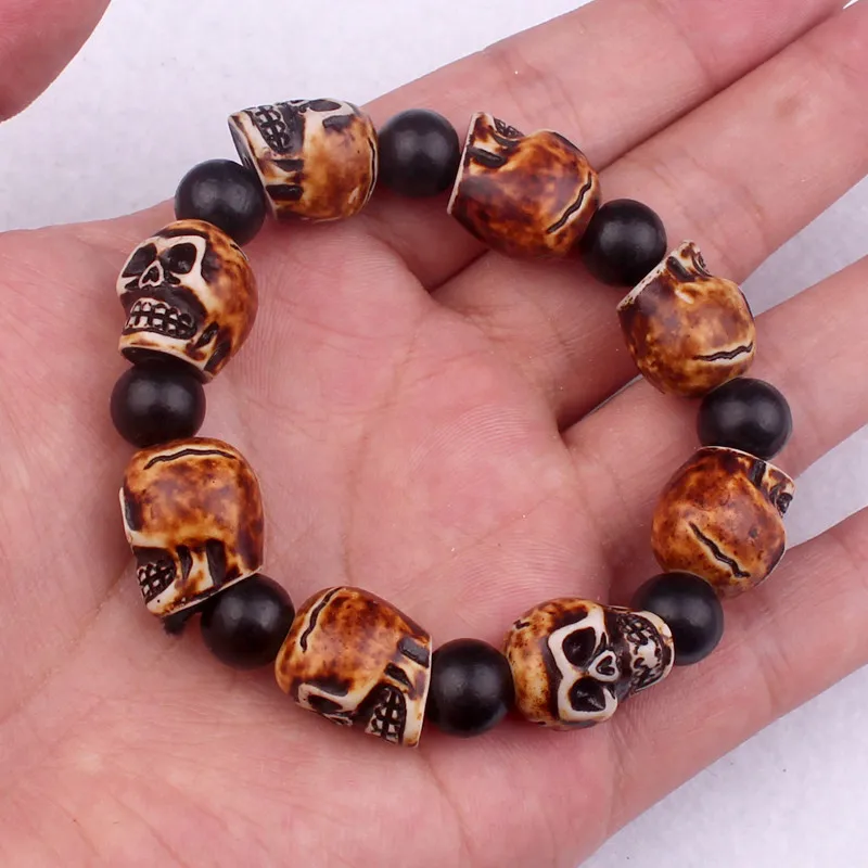 Wooden Bead Skeleton Head Imitation Yak Bone Carved Bracelet Hip Hop Foreign Trade Elastic Rope Tourism Commemorative Jewelry