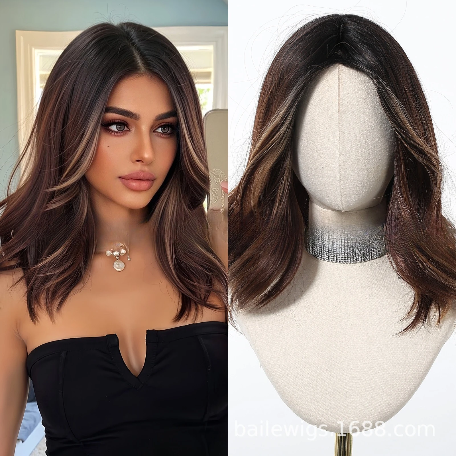 

Wig brown highlights medium curly hair medium length full head cover chemical fiber women's hair