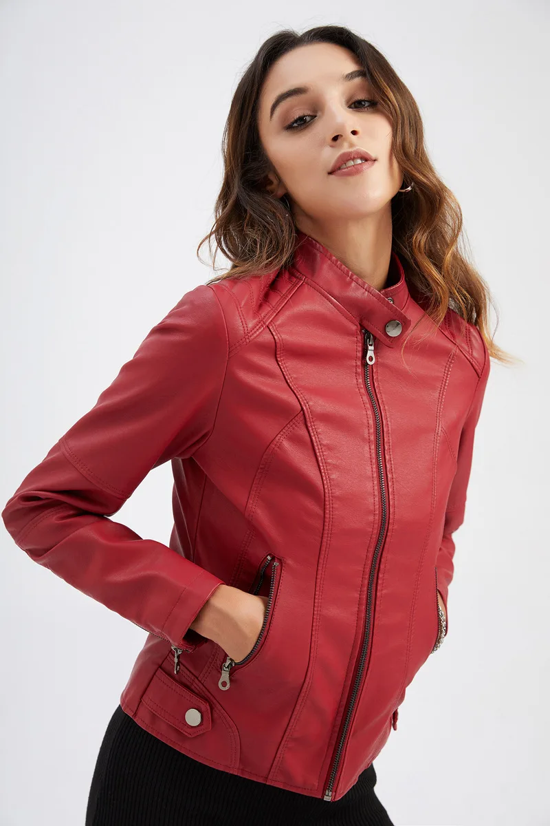 FSMG Women's Faux Leather Jacket, Solid Color Slim Fit Zipper Thin Stand Collar Motorcycle Fashion Casual Plus Size Outerwear