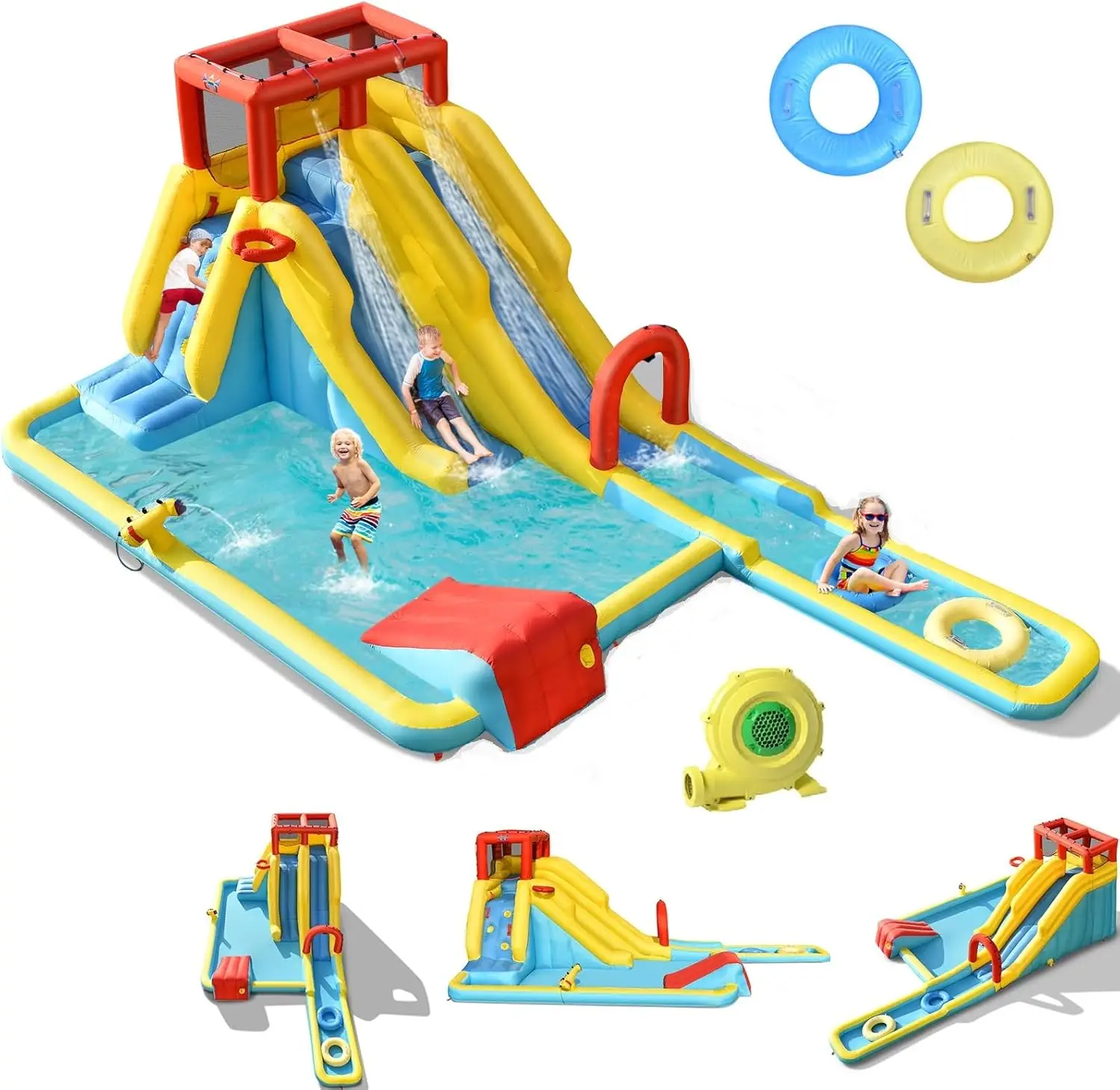 Corrediça de água inflável, slides duplos, parque de corrediça de água para crianças, castelo inflável com 2 anéis de natação, ventilador, grande piscina de respingo, parte traseira