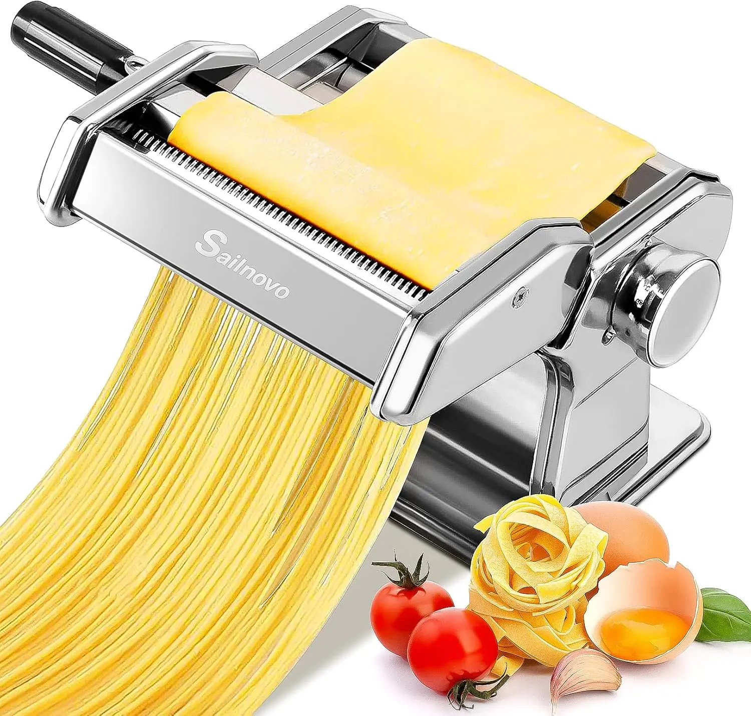 

Manual Pasta Maker Machine with 9 Adjustable Thickness Settings, Roller and Cutter for Spaghetti, Fettuccini, Lasagna