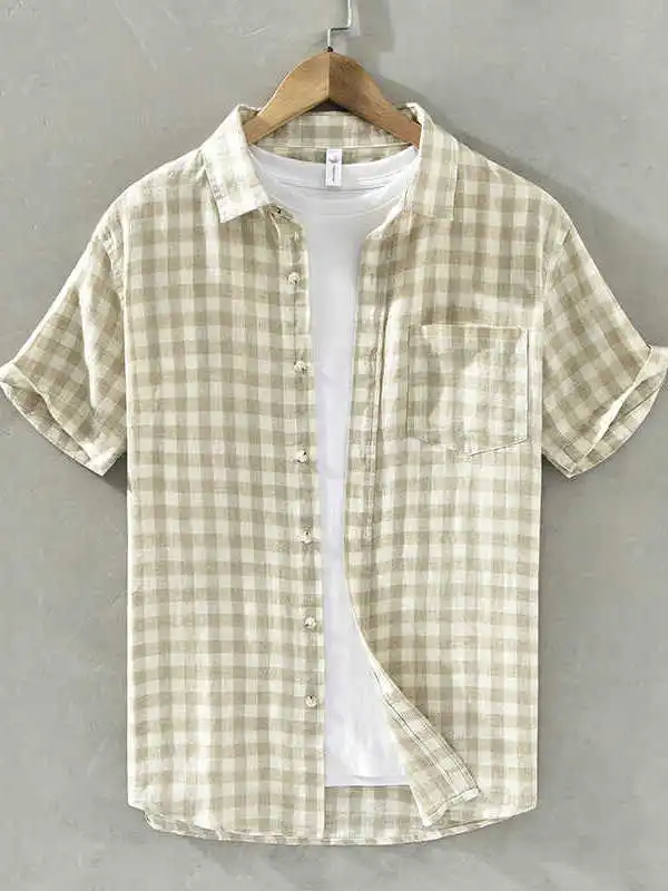 

Summer Men's Loose Fit Slim Shirt Short Sleeve Turn-down Collar Plaid Casual Shirt Breathable Thin Cotton Polyester Blend