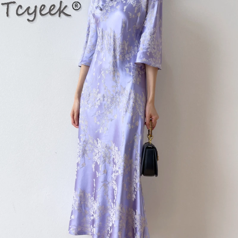 

Tcyeek 28Mm 50% Mulberry Silk Dress Chinese Style Long Dress Elegant Dresses for Women Spring Summer Women's Dresses 2024