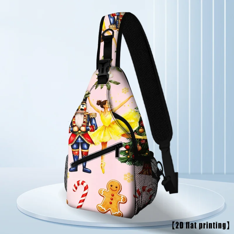 Cartoon Men's Women's Christmas Hiking Crossbody Bag with Nutcracker, Gingerbread Candy Cane Print Adjustable Strap