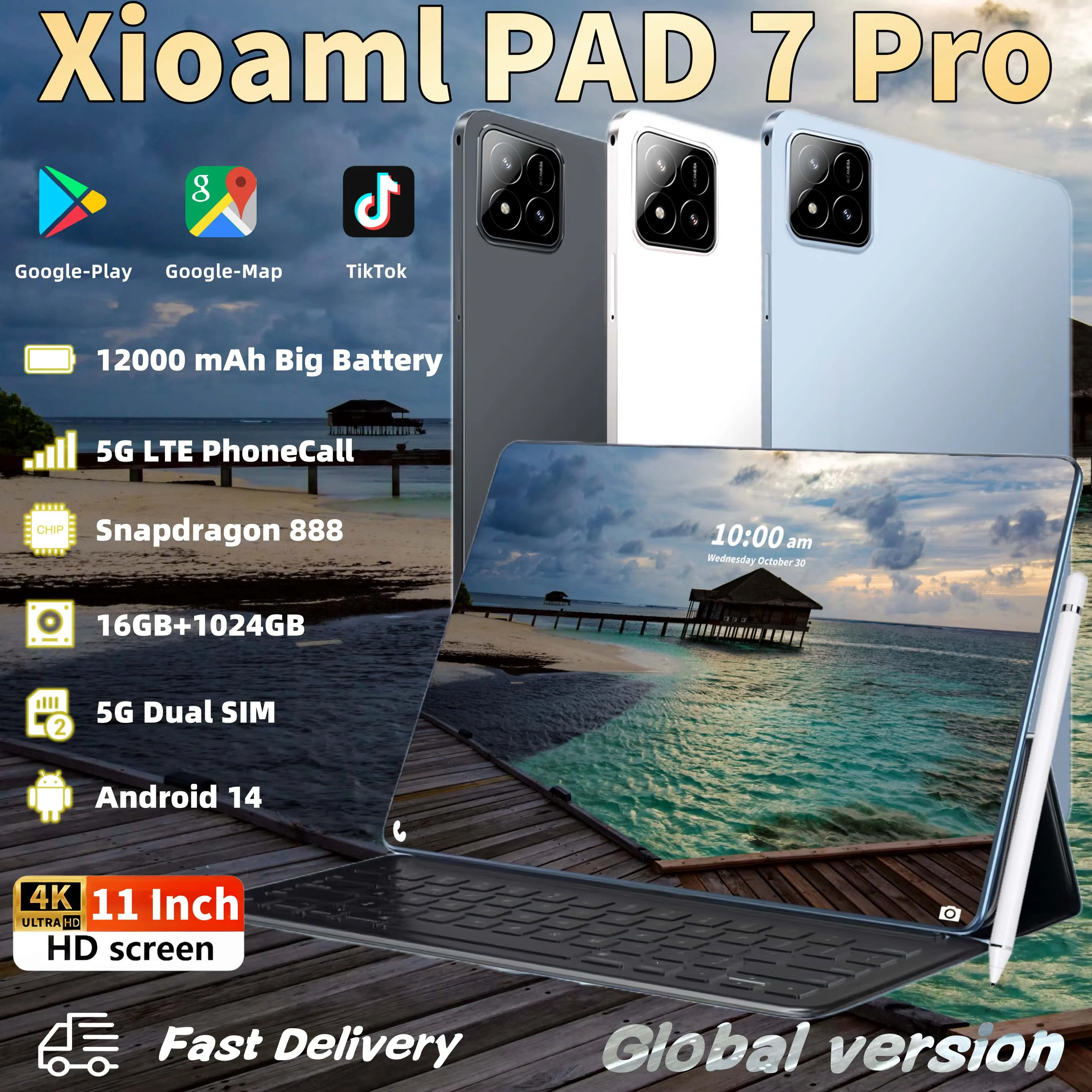 Xioaml-Tablette PC PAD7 Pro, 16 Go + 1 To, 2024 mAh, Android 14, Snapdragon 12000, 11 pouces, HD, 5G, Touriste, EpiBluetooth, WiFi, Tables, 888