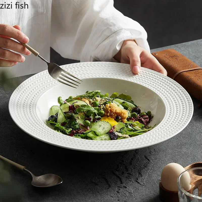 Pure White Barley Textured Ceramic Deep Plate Creative Relief Soup Plate Salad Plate Molecular Cuisine Specialty Tableware