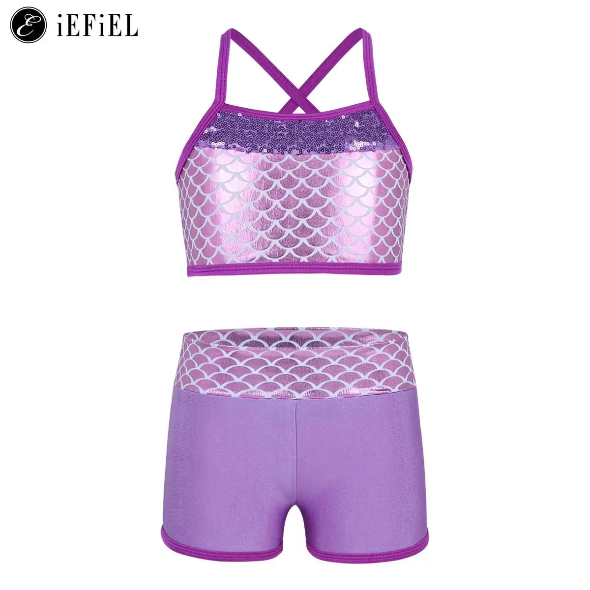 Kids Girls 2 Pieces Dance Outfit Sequins Fish Scale Crossback Crop Tops with Boyshort Ballet Gymnastics Sports Dancewear