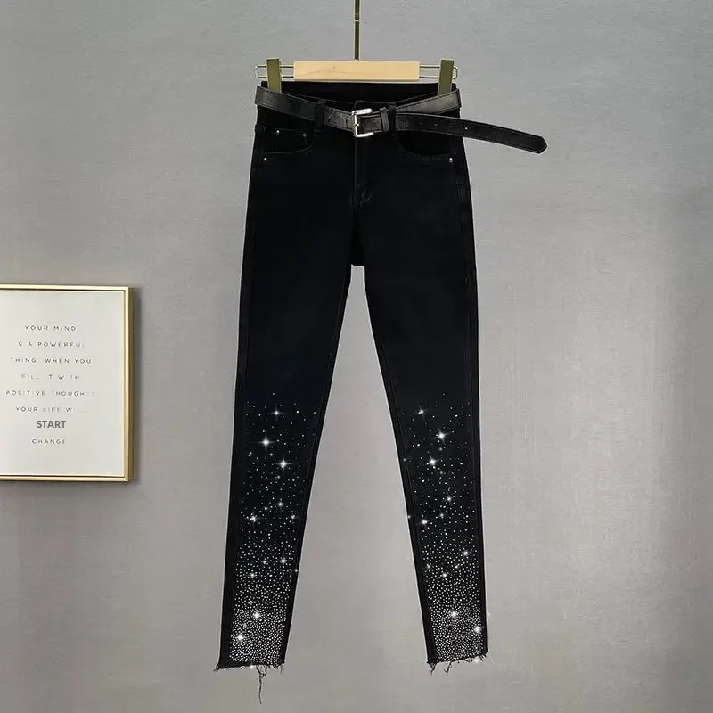 Blackjeanswomen'strendy2024 Summer New High-waisted Slimming Euro Style Rhinestone Embellished Slim Fit Women's Pants