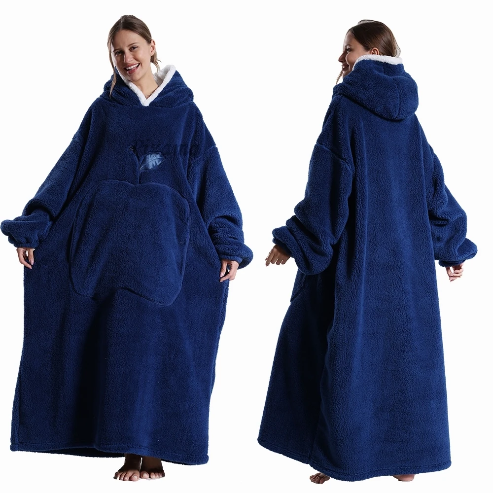 Navy Blue Apple Emboridery One Piece Oversized Hoodies Extra Long Winter Warm Flannel Wearable TV Blanket Plus Size Women Hoodie