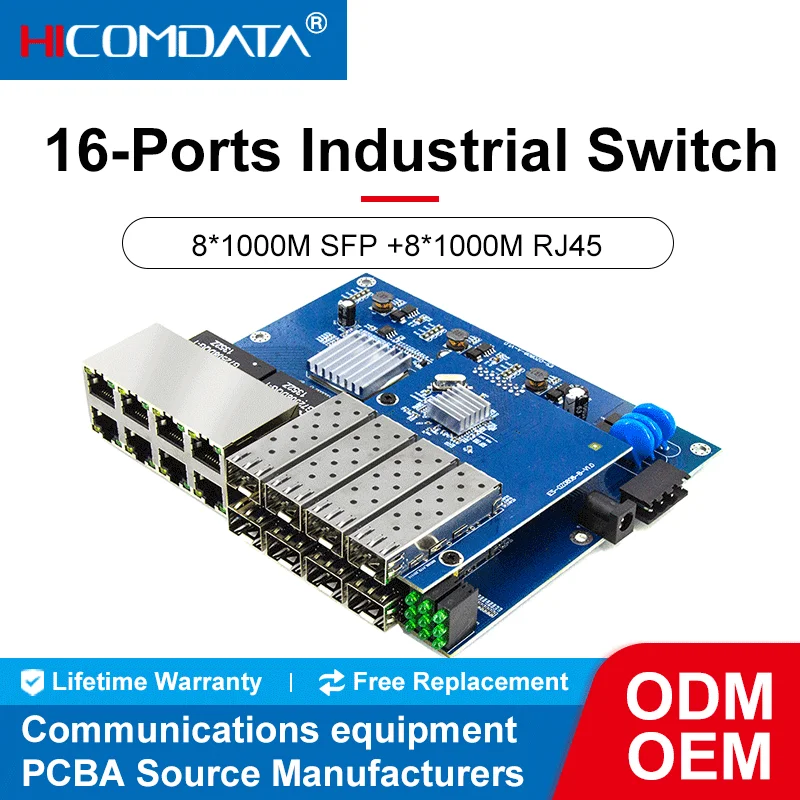 

HICOMDATA Gigabit Industrial Switch Ethernet PCB Board 1000M 16 Ports 8 SFP 8 RJ45 Unmanaged Network Switch PCBA