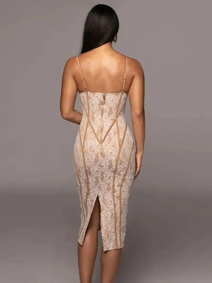 LEOSOXS 2025 nuevas mujeres celebridad Sexy cuello en V espalda descubierta encaje Beige Midi ceñido al cuerpo vendaje vestido elegante traje de fiesta y Club de noche