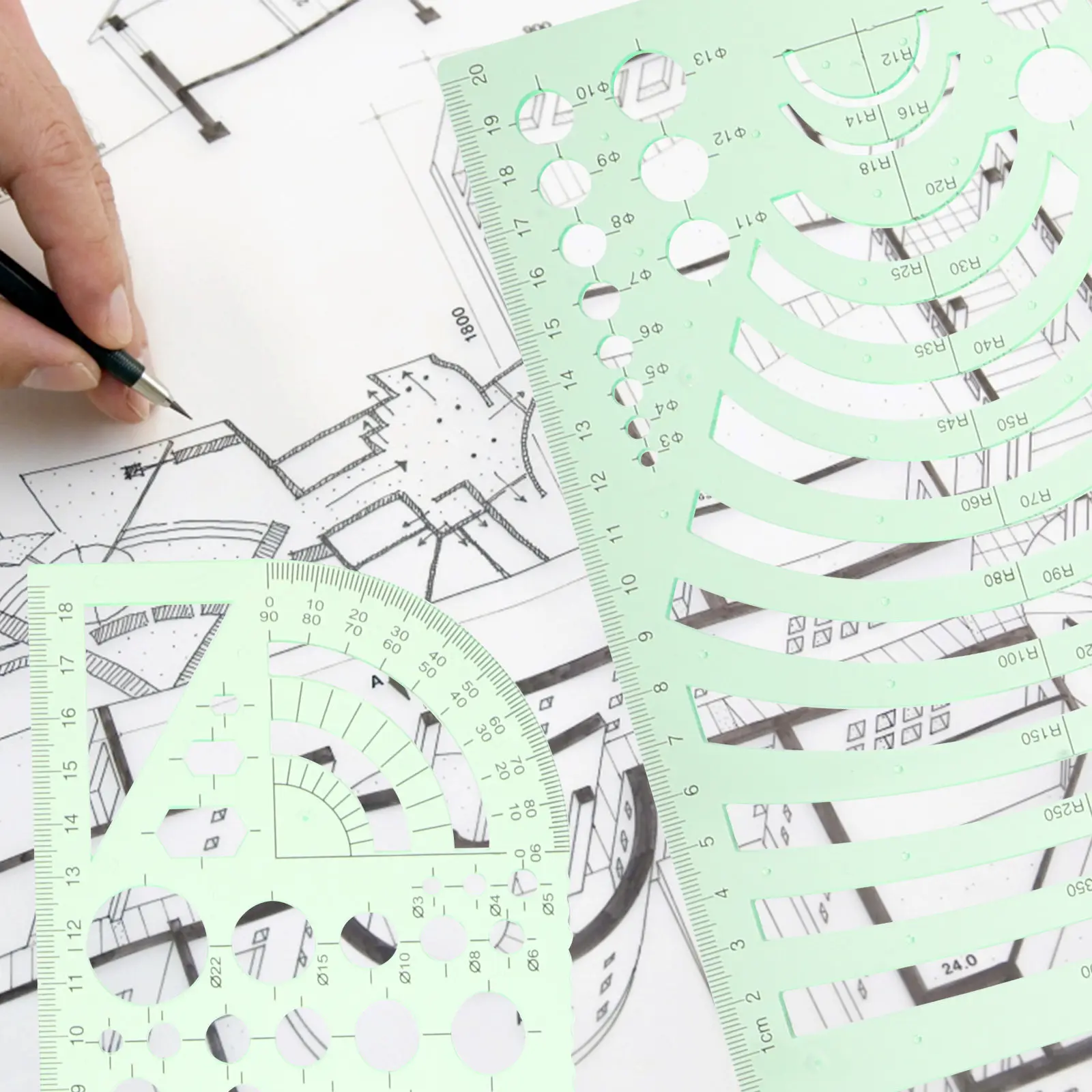 1Set Transparent Green Plastic Geometric Stencil Architecture Drafting Template Ruler Set for Drawing Design Measurement