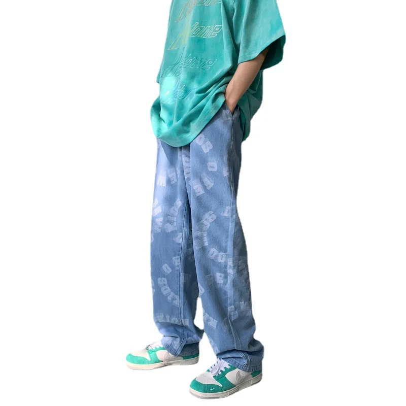 American Street Oversize Jeans Wide Leg Mopping Jeans Dark Vibe Style High Street Pants Men's Loose Straight Tube