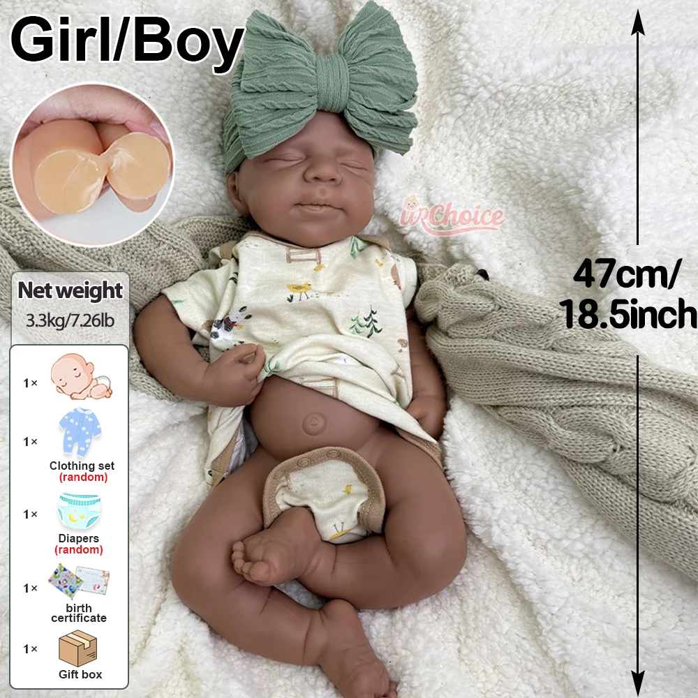 19 بوصة الجلد الداكن غير مطلي السيليكون ولد من جديد طفل فتاة / صبي واقعي يدوي الصنع دمية فارغة سهلة التنظيف للفنان المجمع