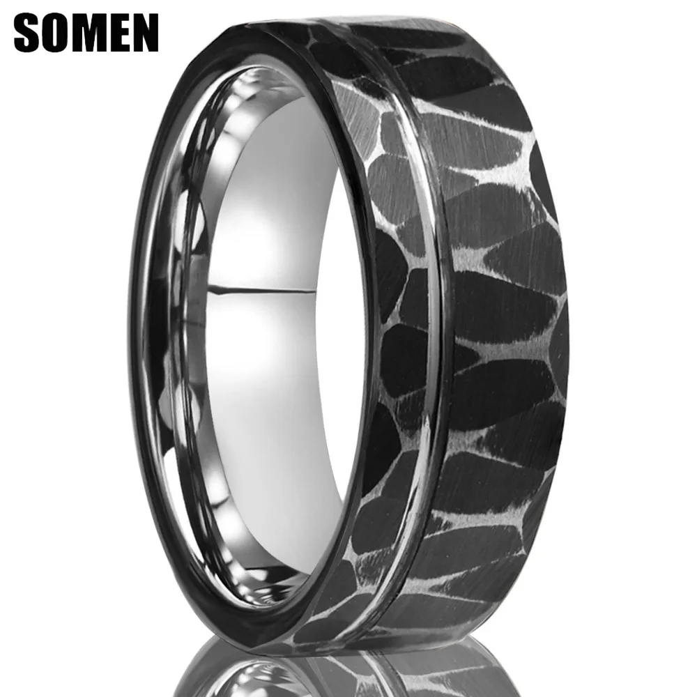 Somen 8mm Hammered Tungsten Carbide Ring For Men Black Electroplated & Antiqued Finish Grooved Wedding Band Engagement Jewelry