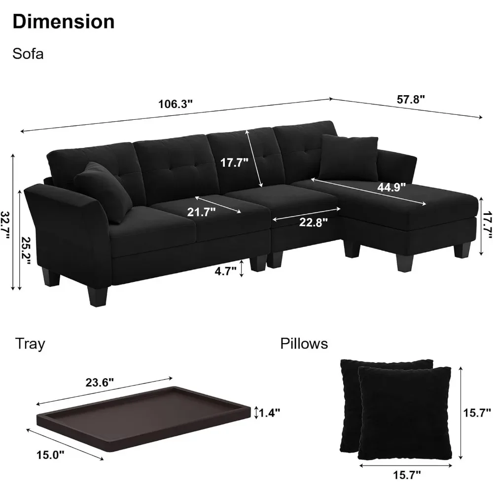 Belffin Convertible Sectional Couch Velvet L Shaped Sofa 4 Seat Sofa With Chaise L-Shaped Couches Reversible Sectional Sofa Bed