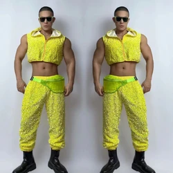 Fluorescent Yellow Sequins Hoodies Pants Men Sexy Pole Dance Clothing Male Gogo Dance Costume Dj Ds Stage Rave Outfit XS6483