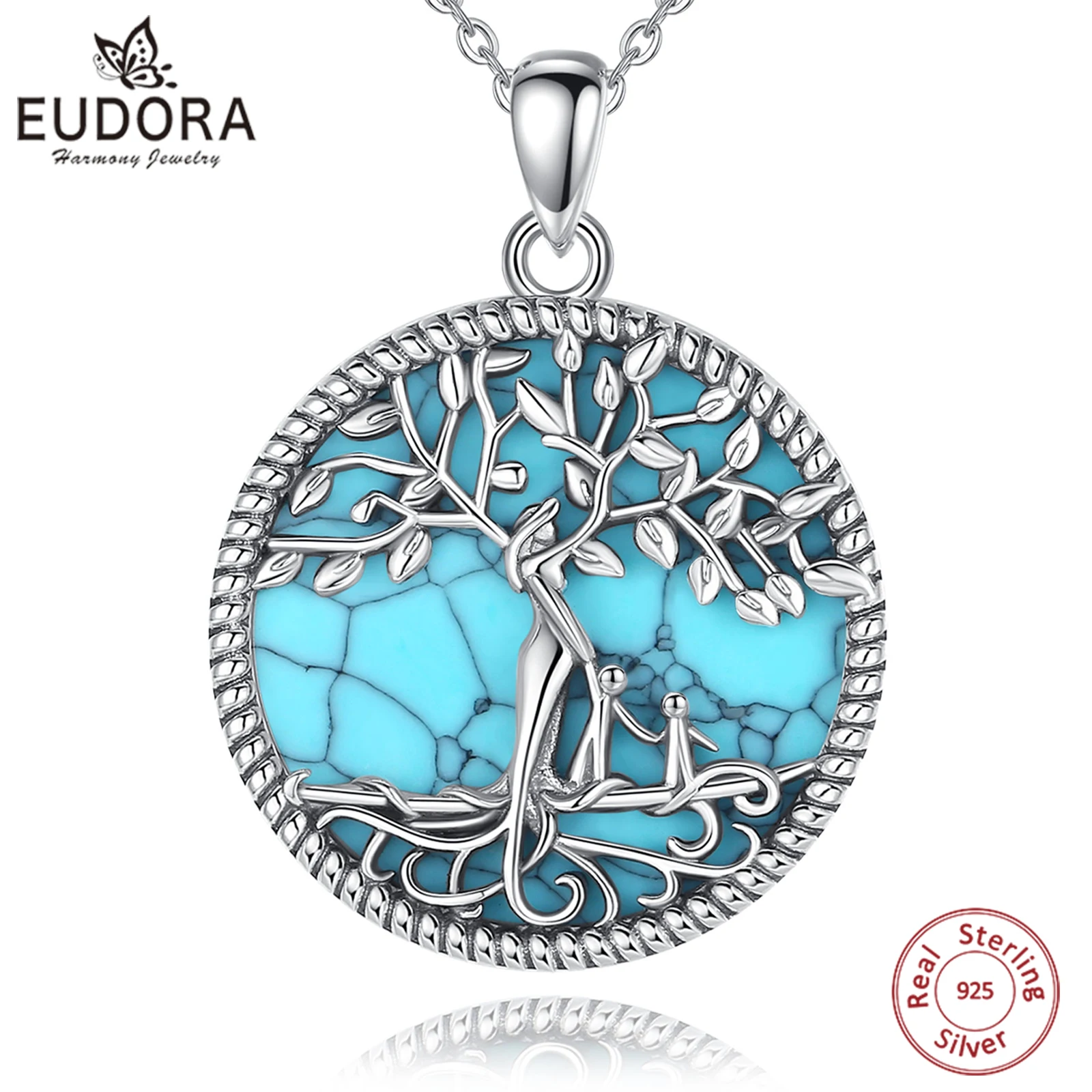 Eudora 925 Sterling Silver Tree of Life Necklace Turquoise Mother and Two Child Pendant Jewelry Mother's Day Gift for Wife Women