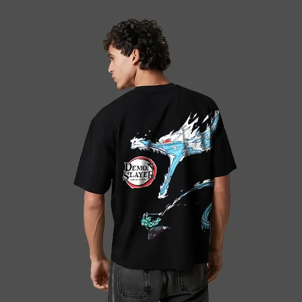 악마 슬레이어 애니메이션 워터 드래곤 오버사이즈 블랙 티셔츠 남녀 공용 통기성 높은 품질 Y2K 반팔 여름 티셔츠