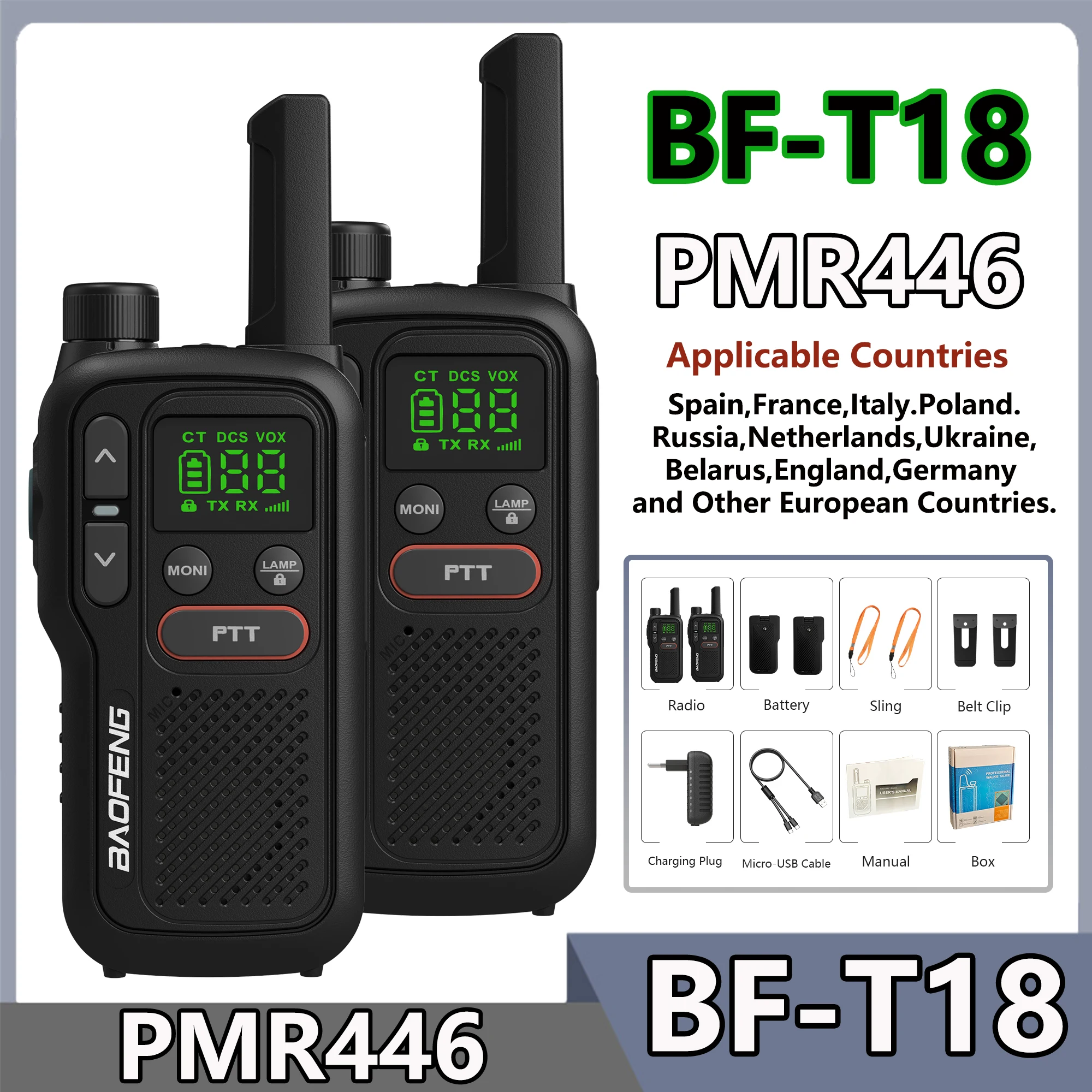 Baofeng BF-T18 PMR446 Walkie Talkie Micro USB Charge European 446MHz 16 Channels Long Range Upgrade BF-T20 Mini Two Way Radios