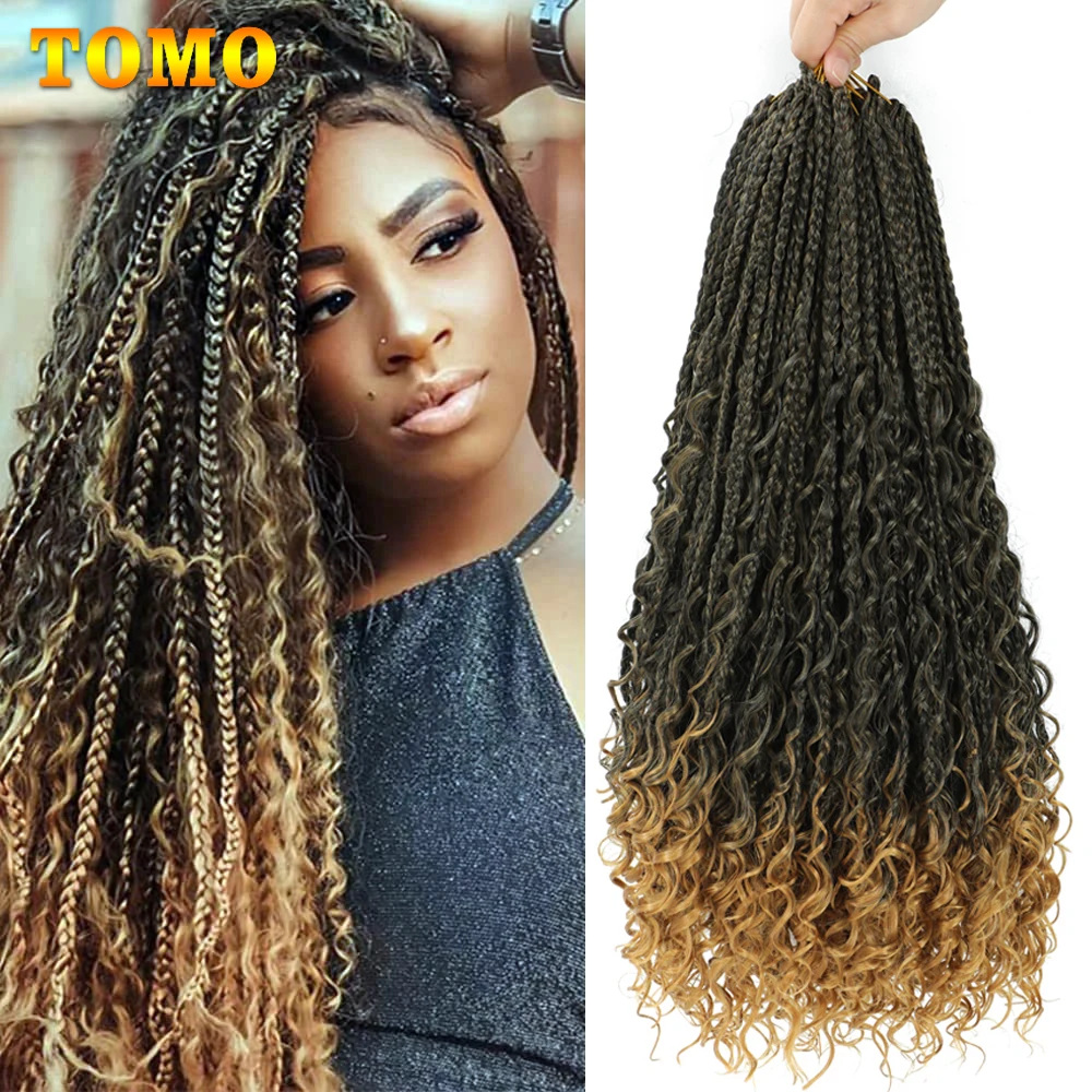 

TOMO Boho Box Braids 14 18 "Богиня Box Braids Вязаные крючком волосы с вьющимися концами Богемные хиппи Синтетические плетения для наращивания волос
