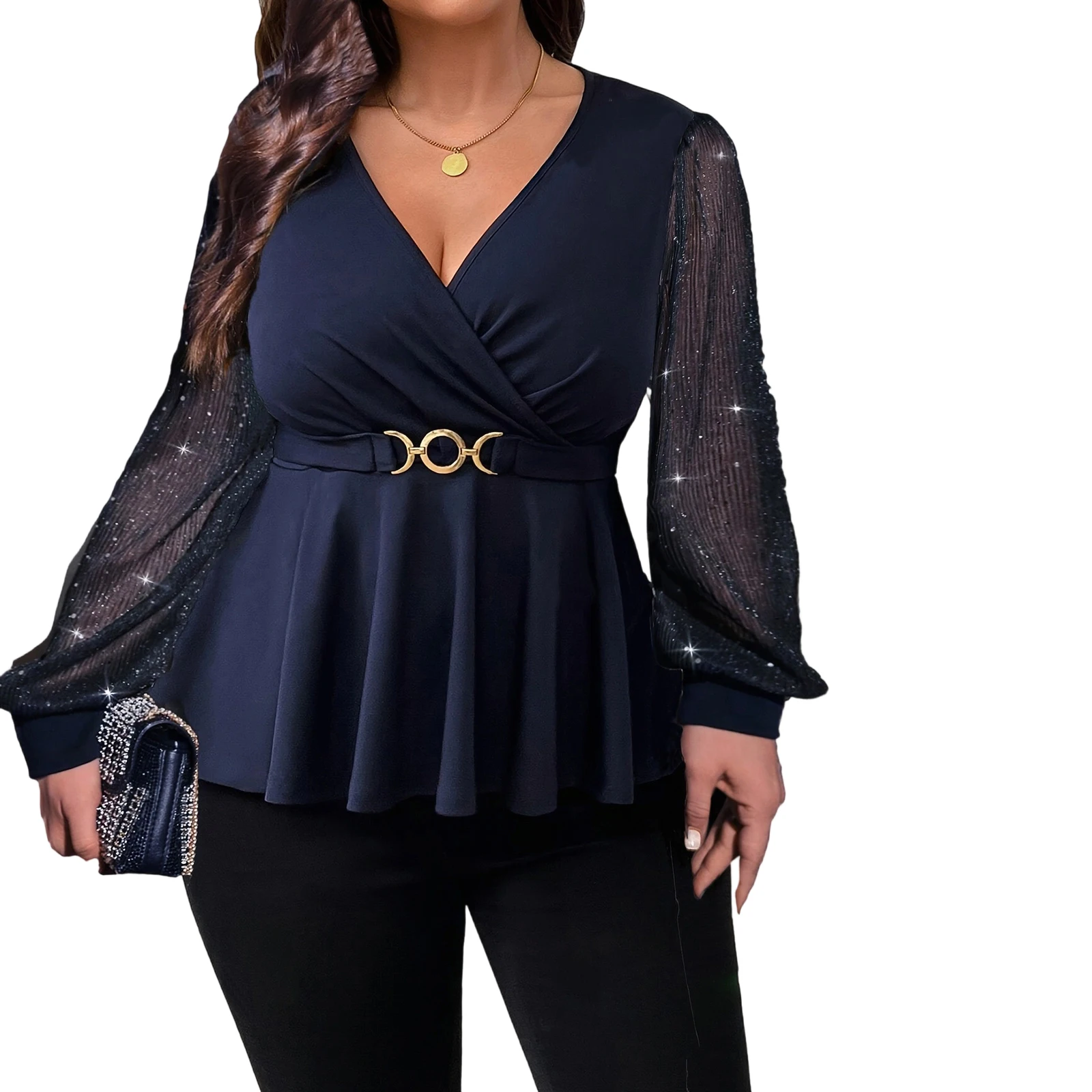 

2025 New Women's Autumn V Neck Tops Sexy Ladies Long Sheer Mesh Sleeve Smocked Waist Plus Size T-shirts