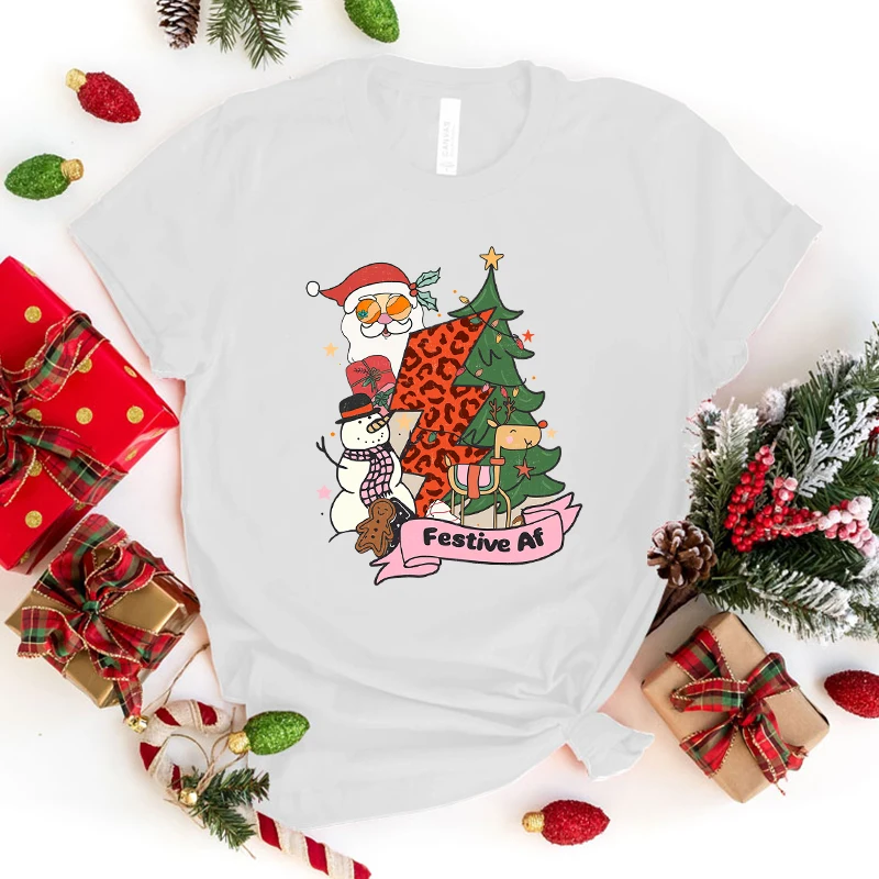 Nuevas camisetas festivas de Navidad con estampado Af para mujeres y hombres, camiseta de verano, camisetas informales de manga corta con cuello redondo Harajuku