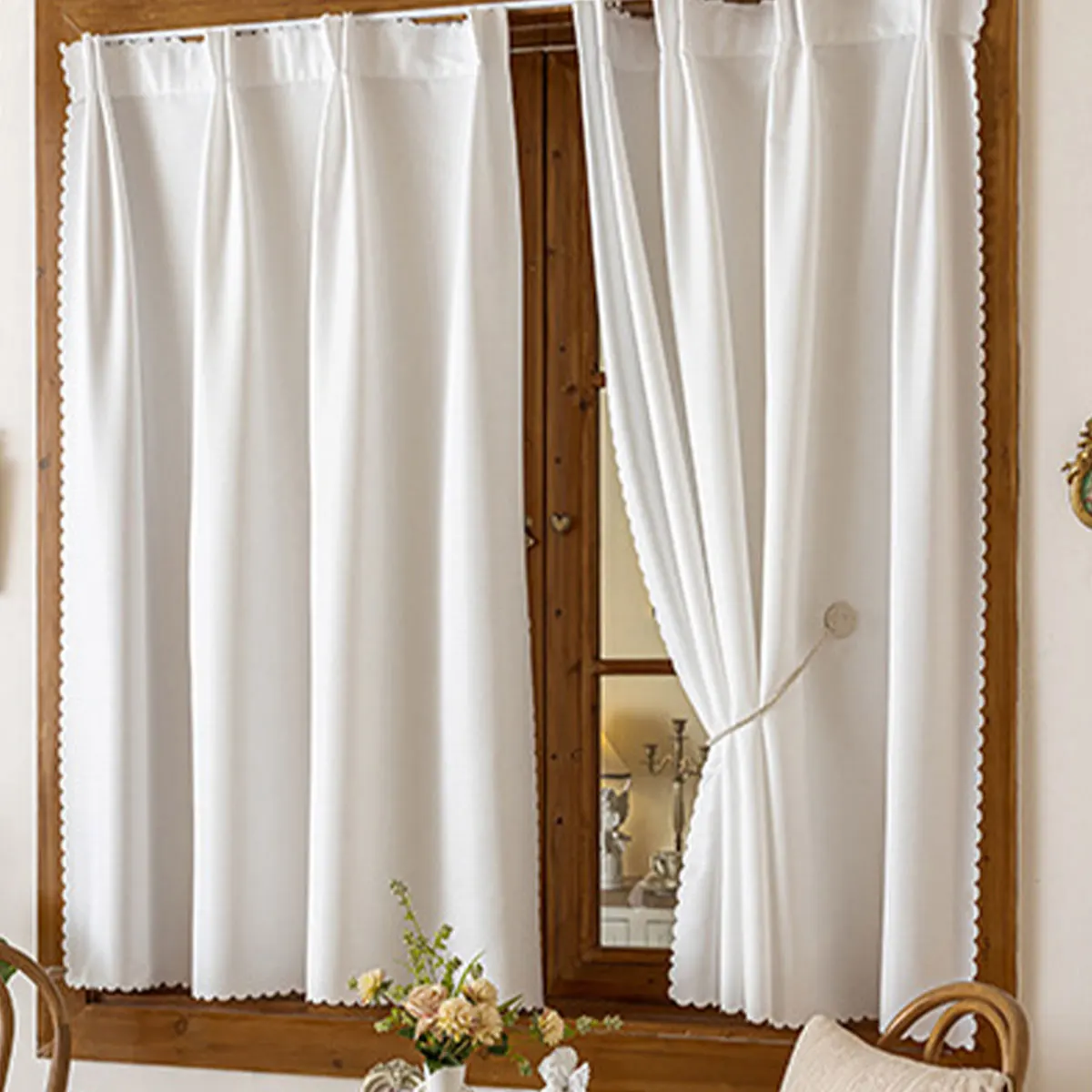 2 Pack White Hook Top Sheer Curtains, Light Transparent Voile Drapes with Scalloped Edge, Light Filter Window Sheer for Kitchen