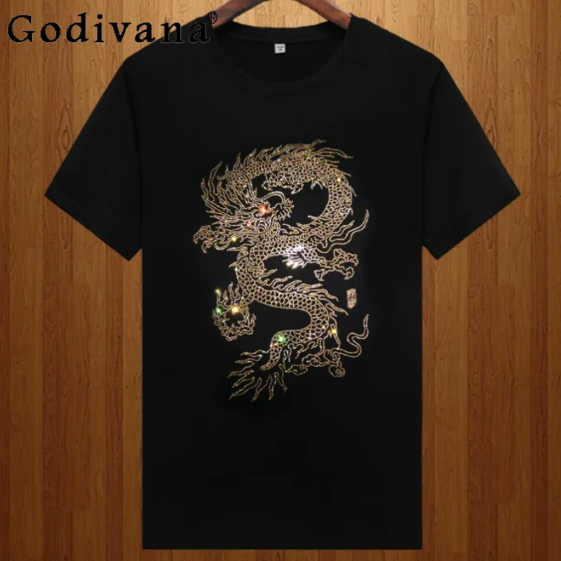 

Personality Chinese Fashion Crew Neck Hot Diamond Short Sleeve T-Shirt Handsome Men Versatile Black and White Chic Leisure Tops