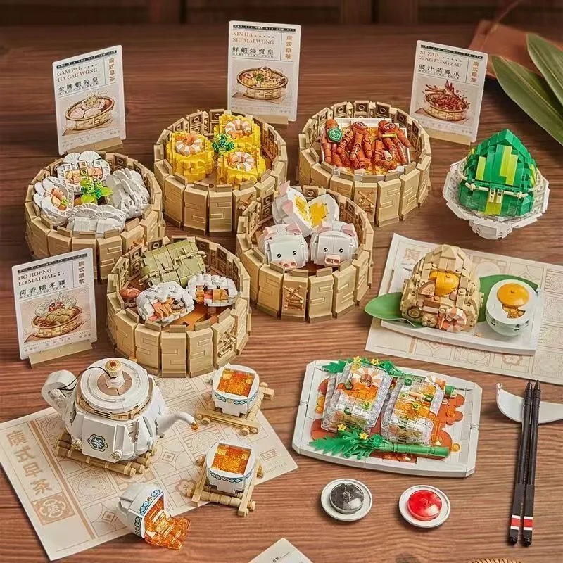 Creative Chinese Style Morning Tea Snack Building Blocks Delicious Food Set Model Diy Mini Bricks Children Toys Holiday Gifts