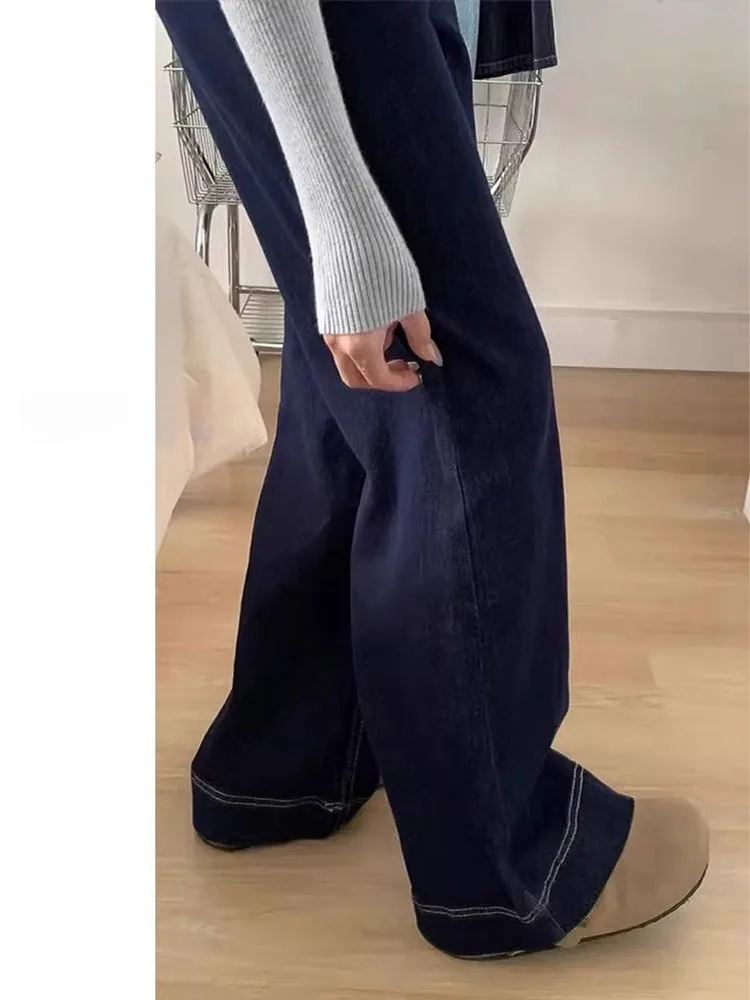 딥 블루 A라인 와이드 레그 진 여성용 루즈 슬림 스트레이트 레그 팬츠 배형 체형용 하이웨이스트 캐주얼 데님