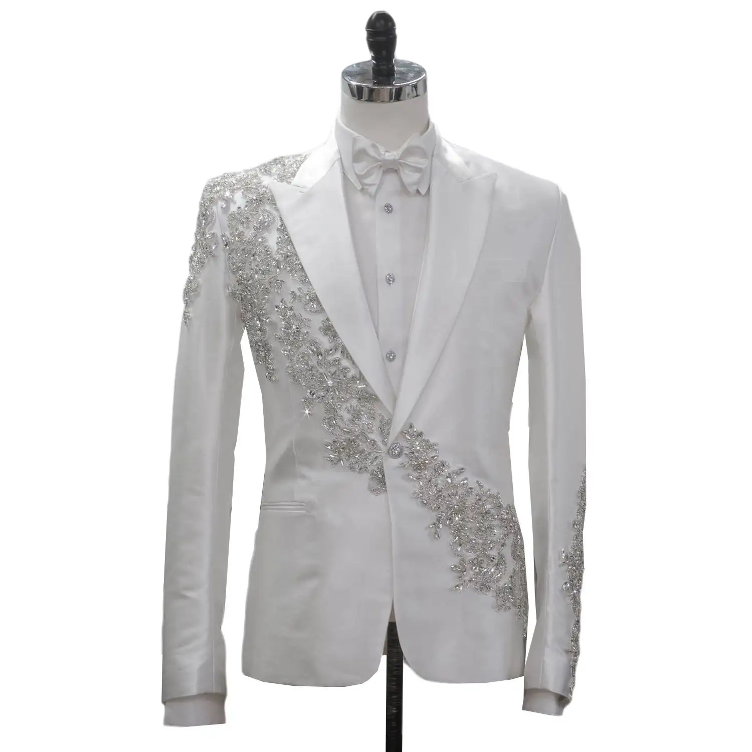 Branco masculino terno senhores terno fino ajuste 2 peça jaqueta calças frisado diamantes personalizado casamento ocasiões formais noivo smoking