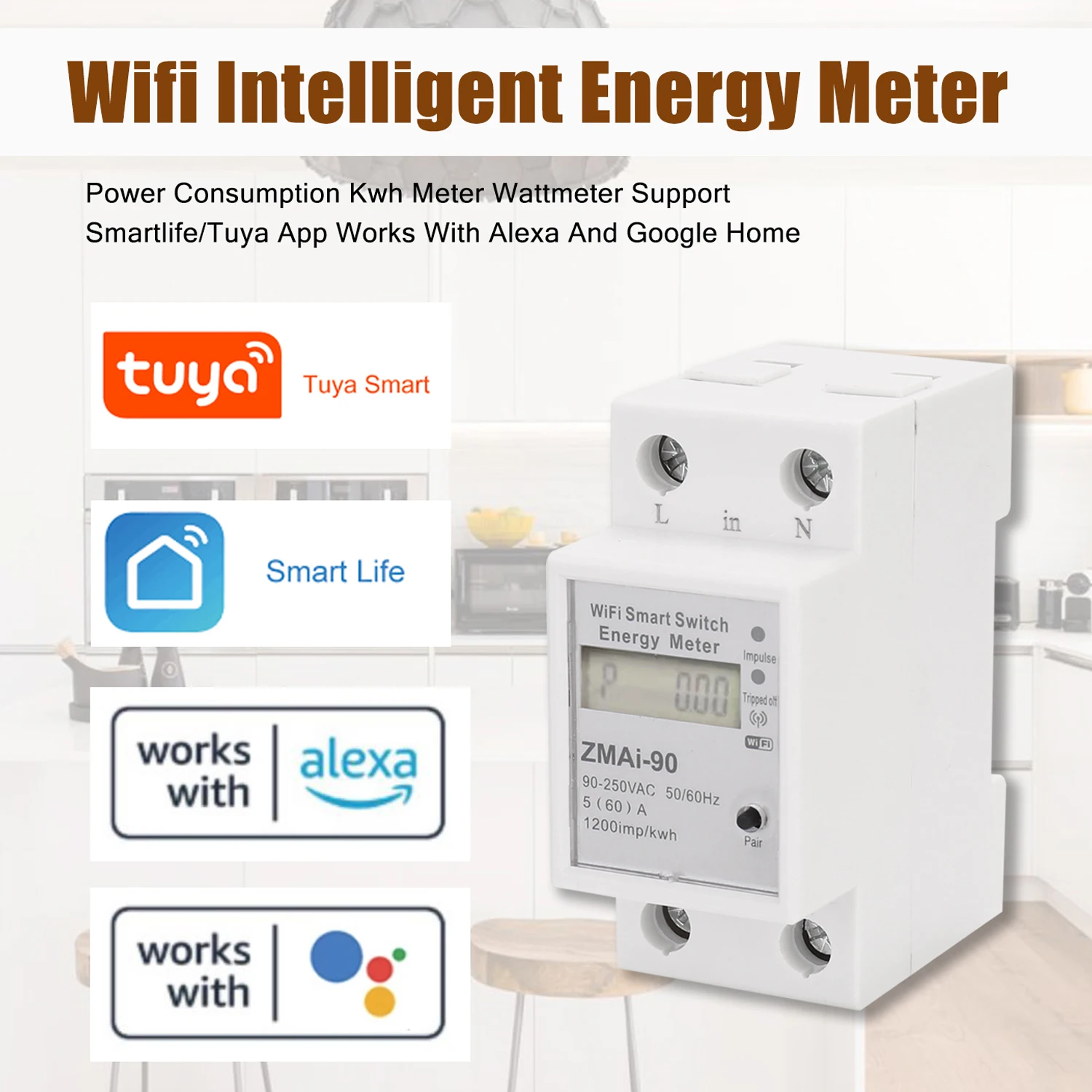 Single-Phase Din Rail Wifi Intelligent Energy Meter Power Consumption Kwh Meter Wattmeter Support Smartlife/Tuya App