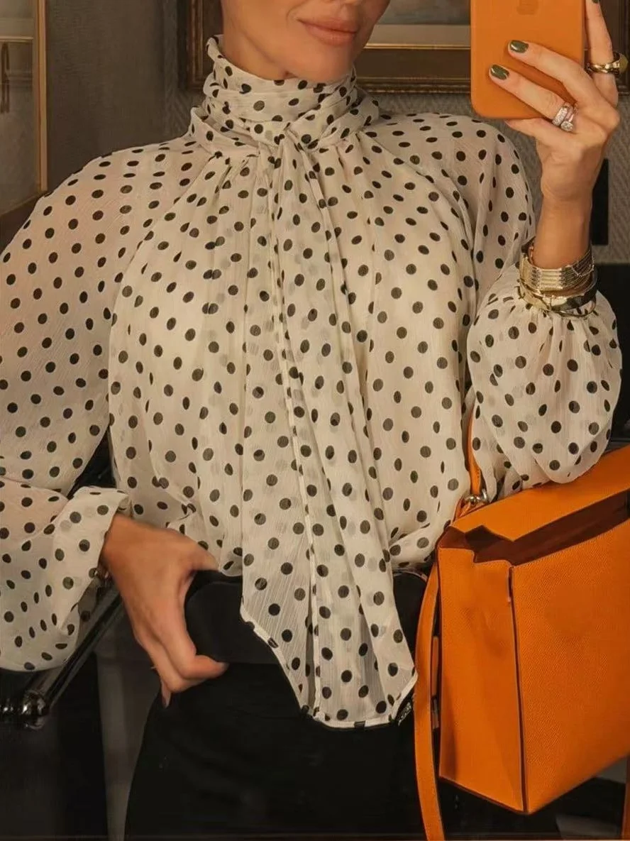 

Women's polka dot mesh flowy long-sleeved chiffon top, retro tie-neck chiffon blouse, suitable for vacations and commuting.