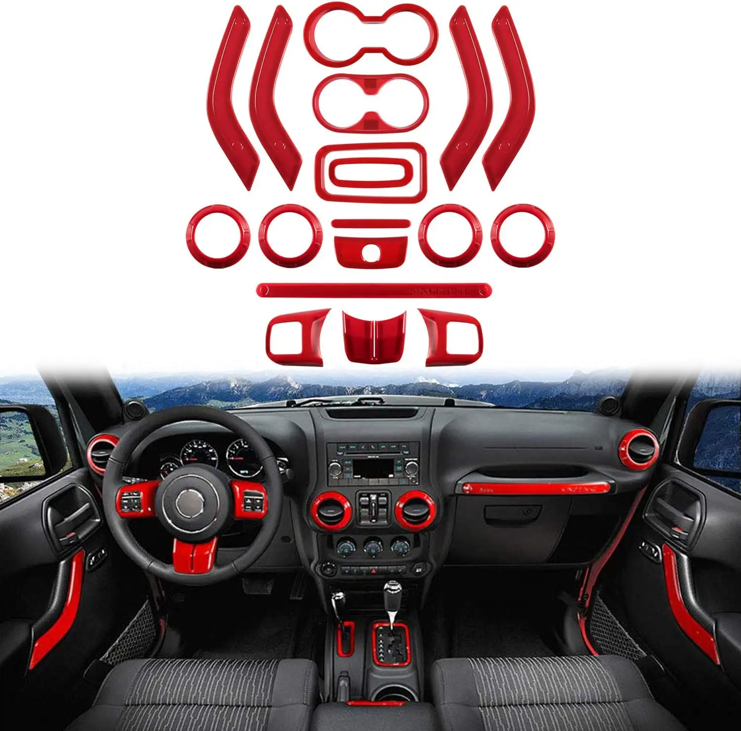 Red 18PCS Full Set Interior Decoration Trim Kit for Jeep Wrangler JK JKU 11-18