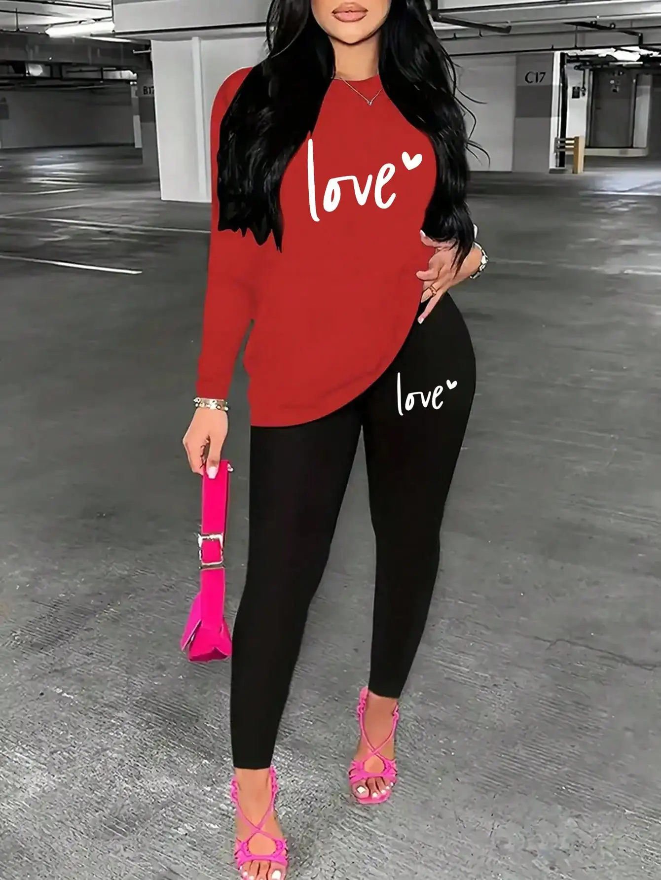 

2026 Women's New Casual Elegant Round Neck Letter Pattern Long Sleeve+Letter Pattern Elastic Waist Tight Leg Pants